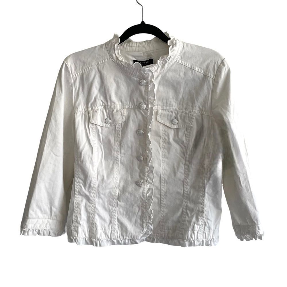 SANDRO White Cotton Stretch Button Front Jacket Ruffle Hem White L